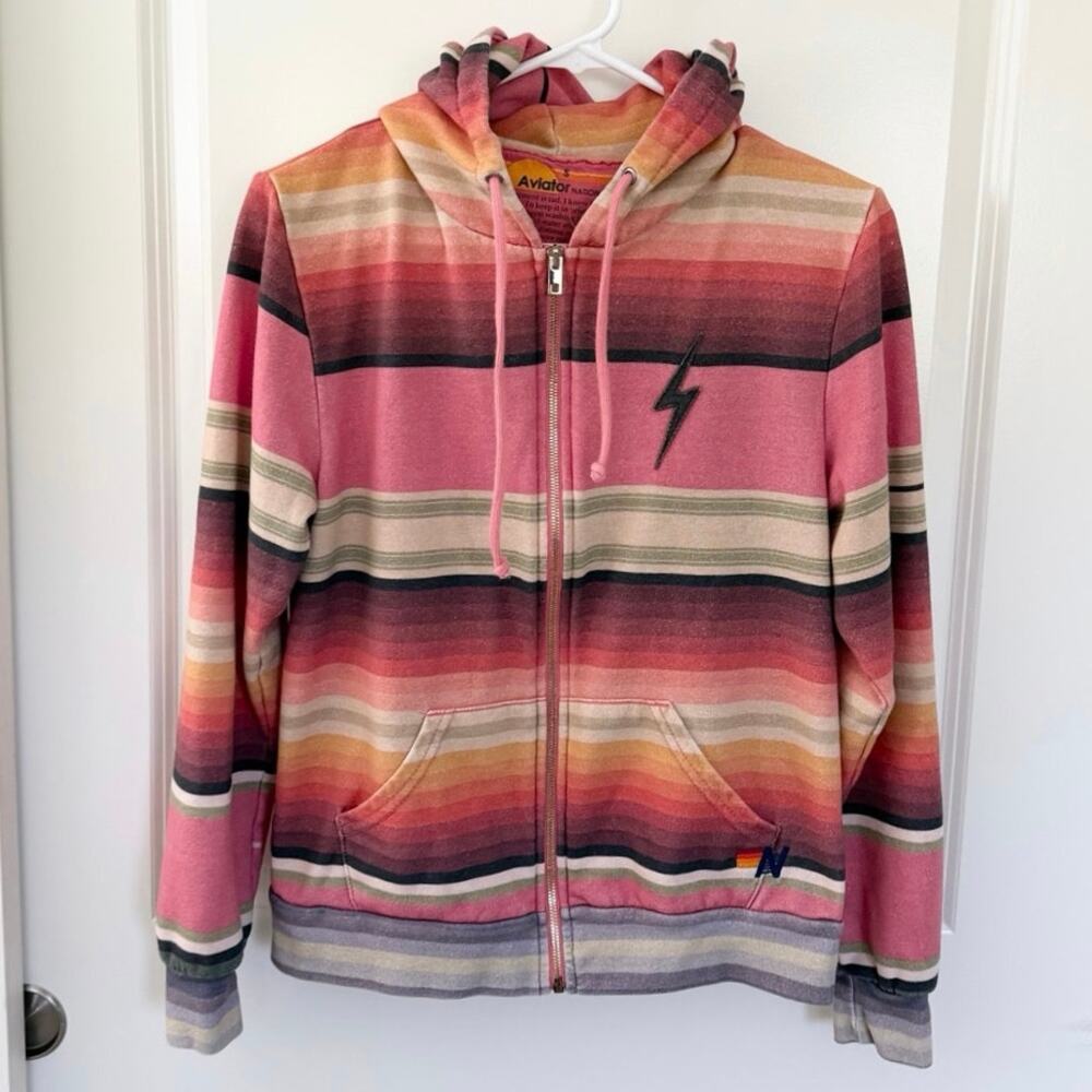 Aviator Nation Serape Lightning Bolt Zip Front Hoodie Pink Orange Small